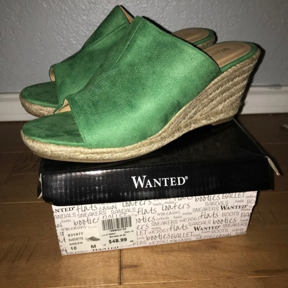 Wanted Green Suede Woven Wedges